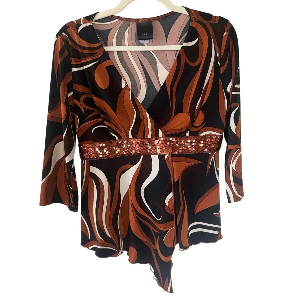 J.L.P. Y2K Retro Brown Patterned Sequence Belt Long Sleeve Wrap Top Fairy Hem -S